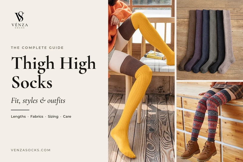 Thigh high socks guide: yellow cotton over the knee socks, cotton thigh highs in six colours and Fair Isle thigh high leg warmers