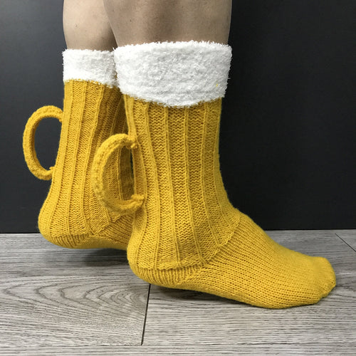 Yellow beer novelty socks, beer mug design with foam cuff, worn