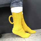 Yellow beer novelty socks, beer mug design, worn with jeans