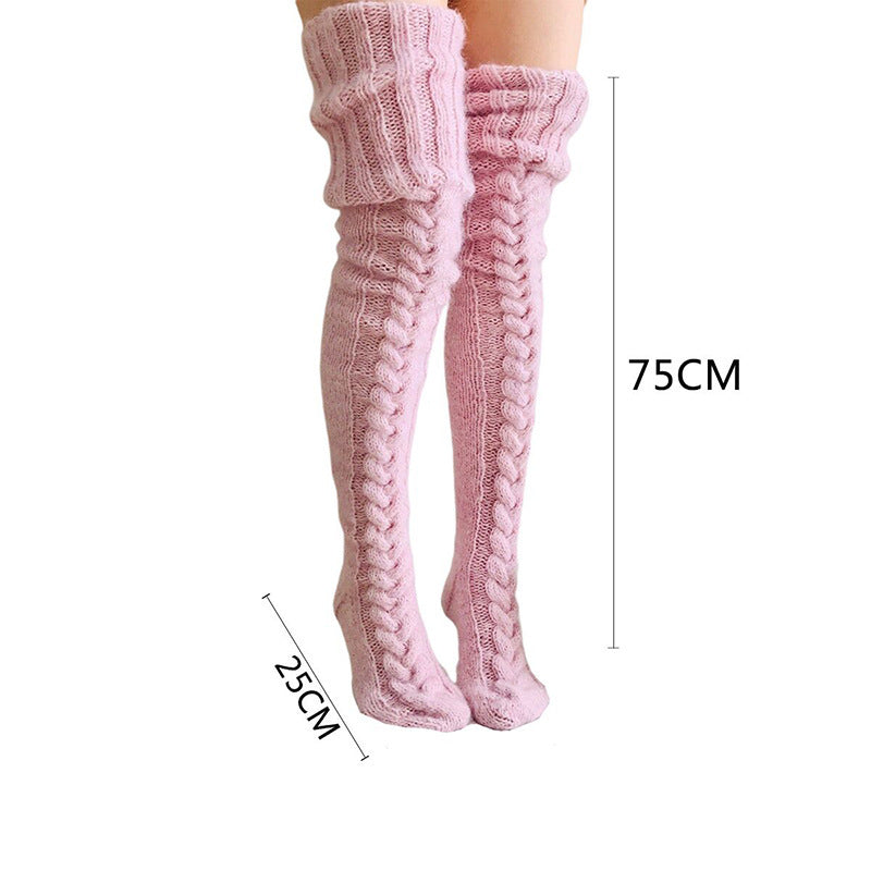 Pink cable knit thigh high socks, size diagram showing 75 cm leg and 25 cm foot