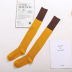 Yellow cotton over the knee socks with brown trim, flat lay showing the contrast cuff