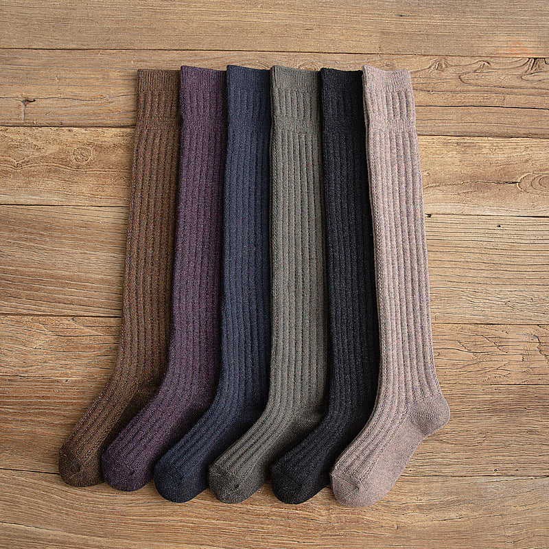 Cotton thigh high socks in all colours, six colours laid out side by side