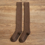 Coffee cotton thigh high socks, flat lay showing the ribbed knit