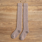 Khaki cotton thigh high socks, flat lay showing the ribbed knit