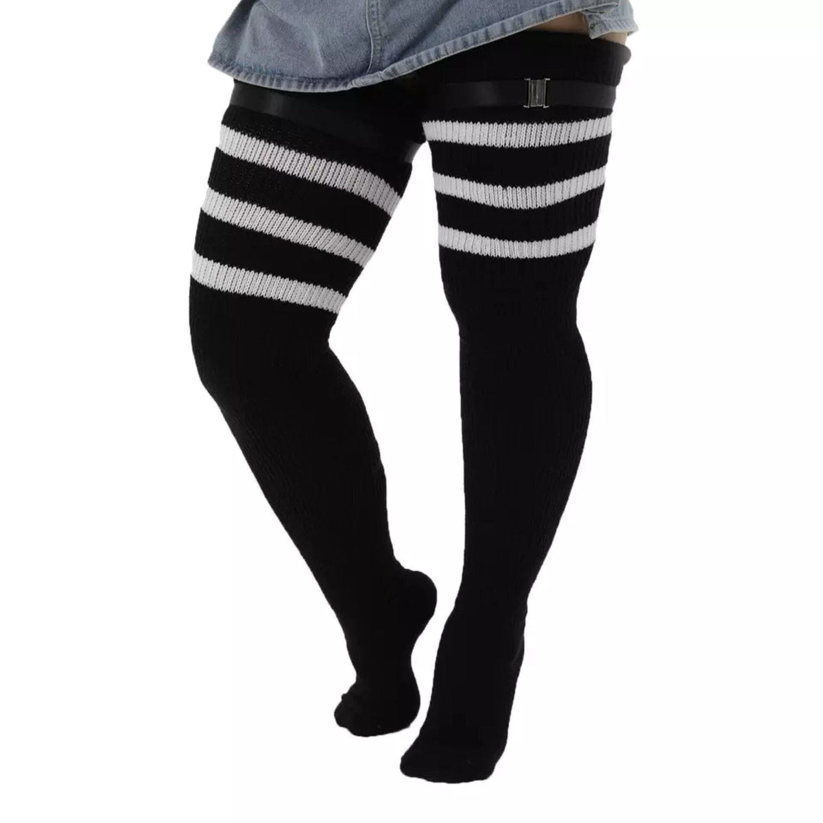 Black and white stripe extra long thigh high socks, worn with sock garters