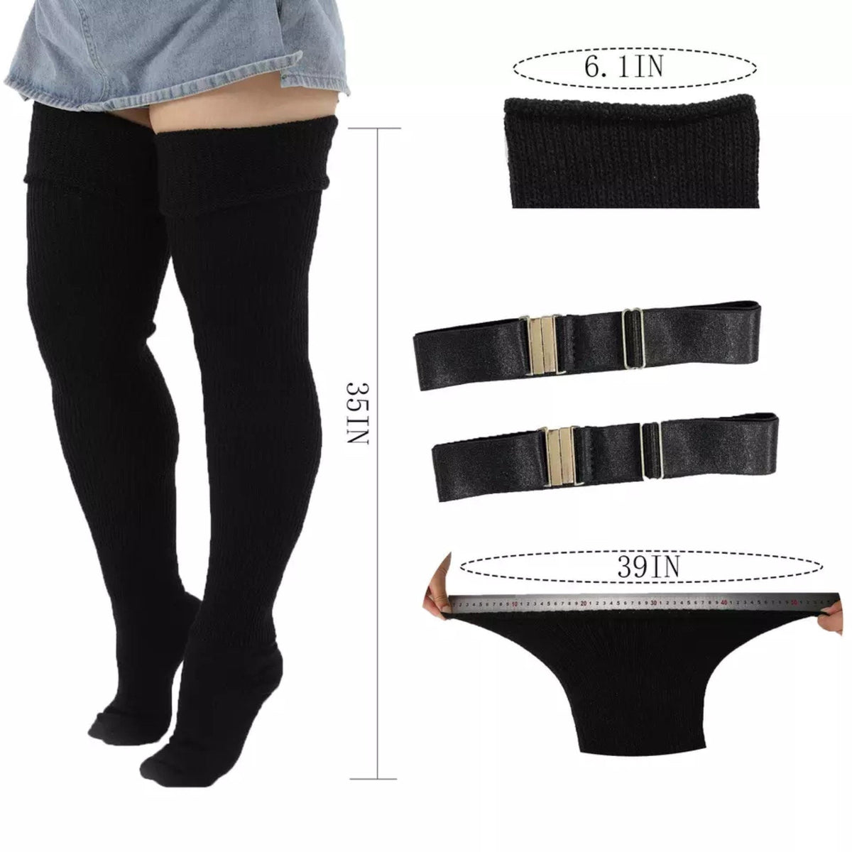 Plain black extra long thigh high socks, with size details: 35 in long, stretches to 39 in