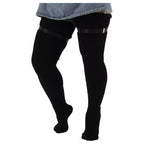 Plain black extra long thigh high socks, worn with sock garters