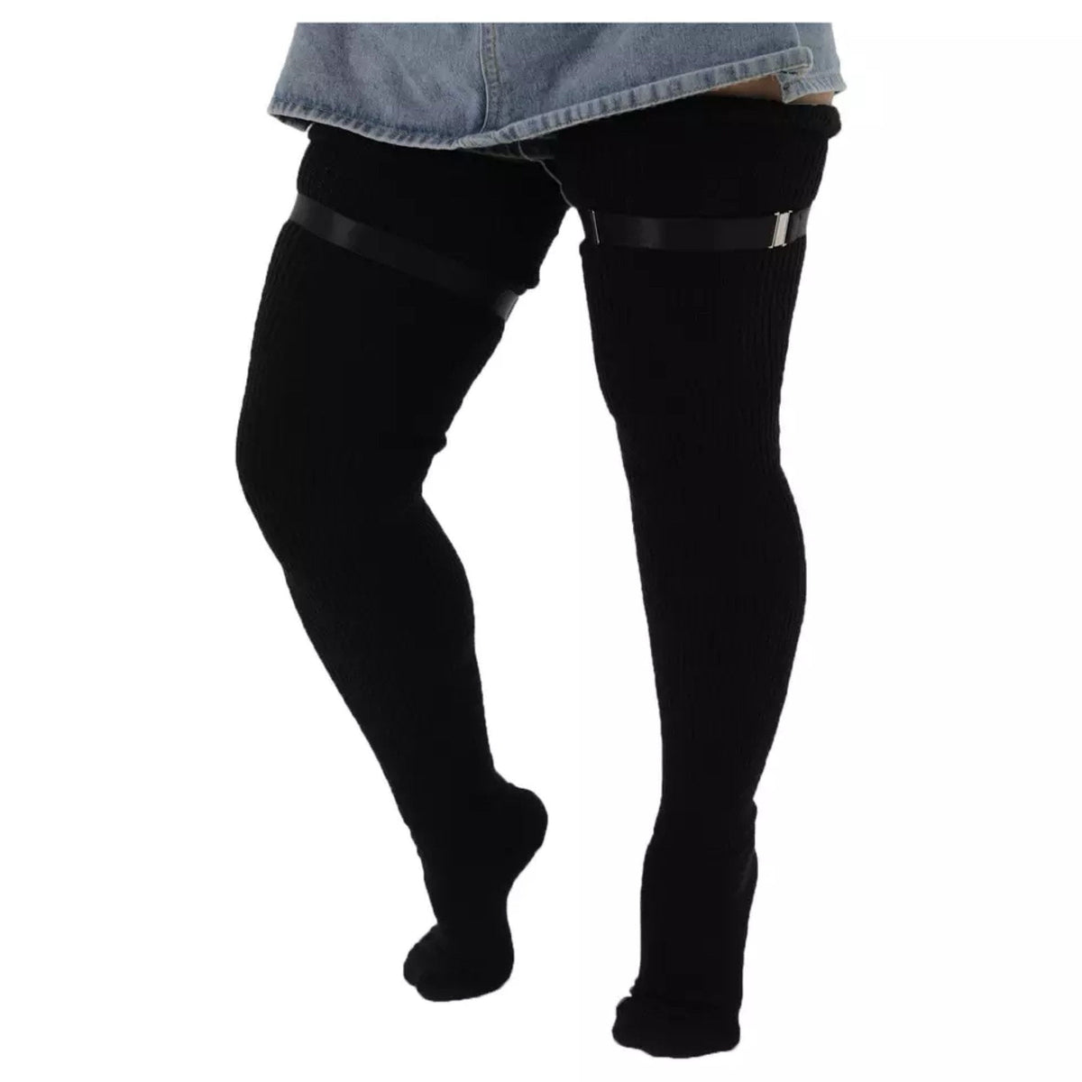 Plain black extra long thigh high socks, worn with sock garters
