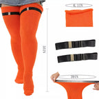 Plain orange extra long thigh high socks, with size details: 35 in long, stretches to 39 in