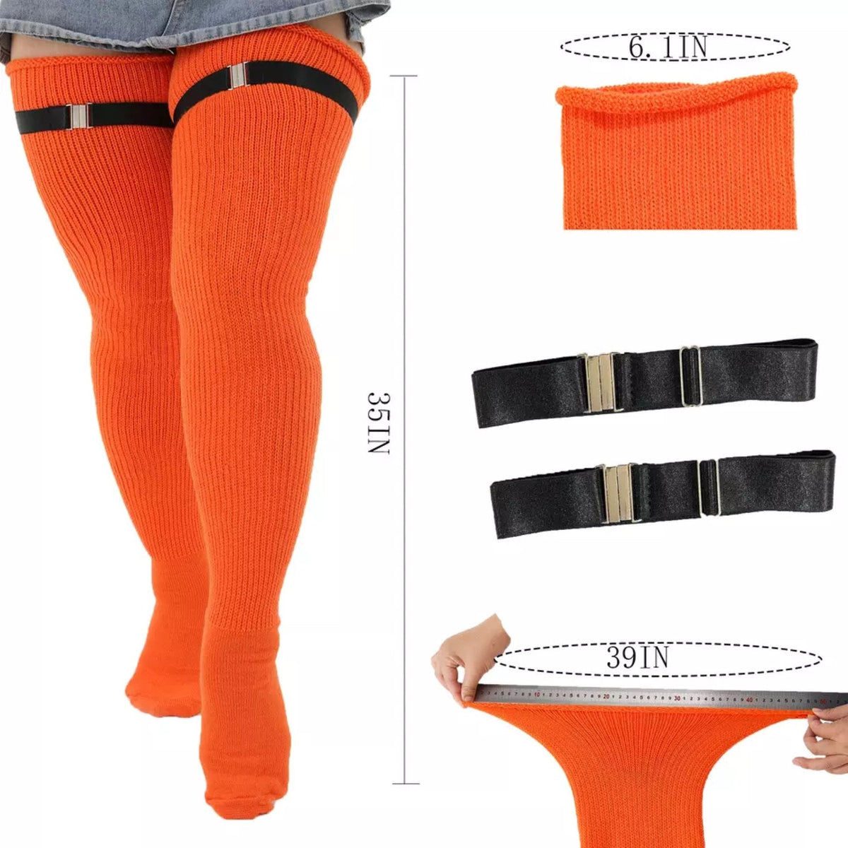 Plain orange extra long thigh high socks, with size details: 35 in long, stretches to 39 in