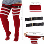 Red and white stripe extra long thigh high socks, with size details: 35 in long, stretches to 39 in