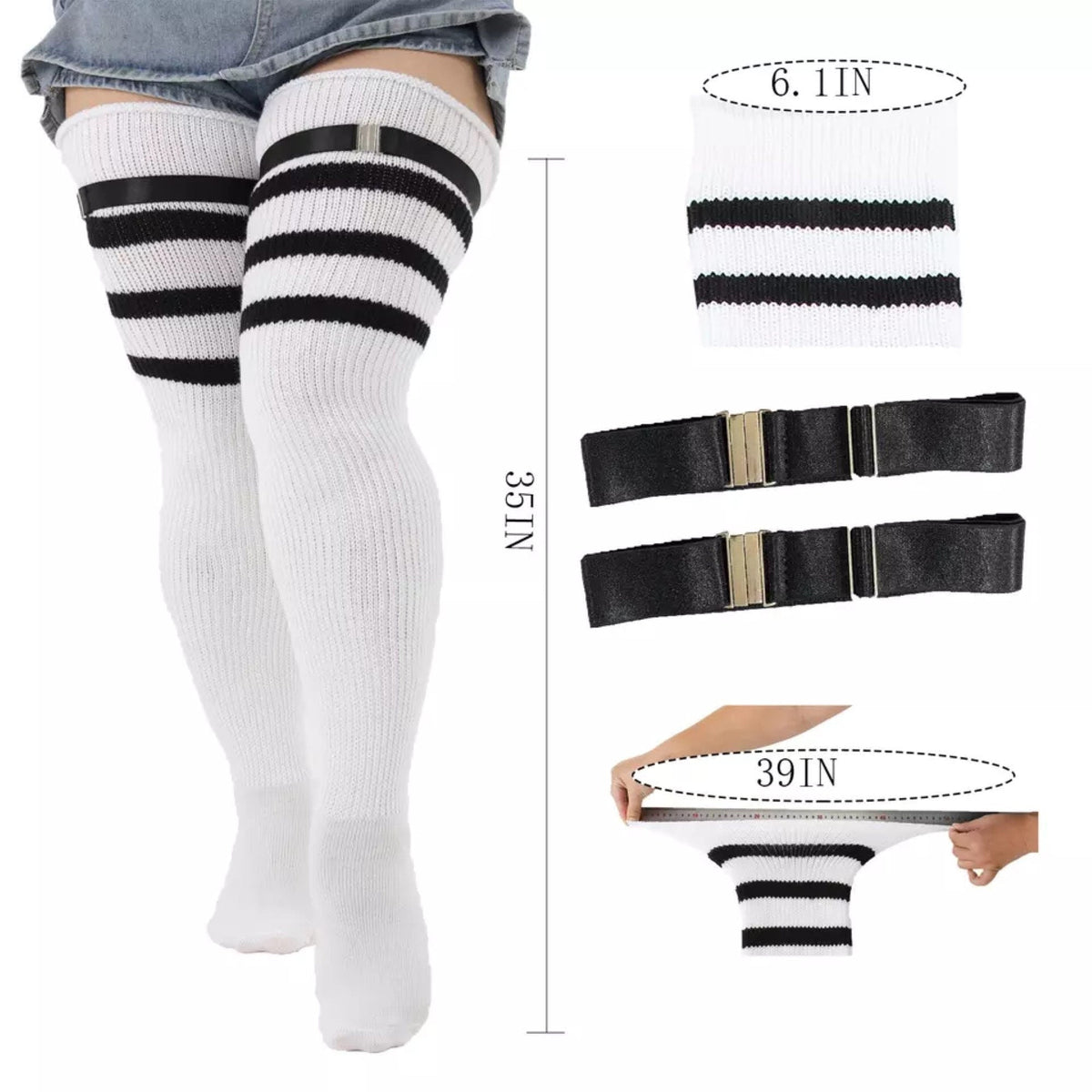 White and black stripes extra long thigh high socks, with size details: 35 in long, stretches to 39 in