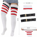White and red stripe extra long thigh high socks, with size details: 35 in long, stretches to 39 in