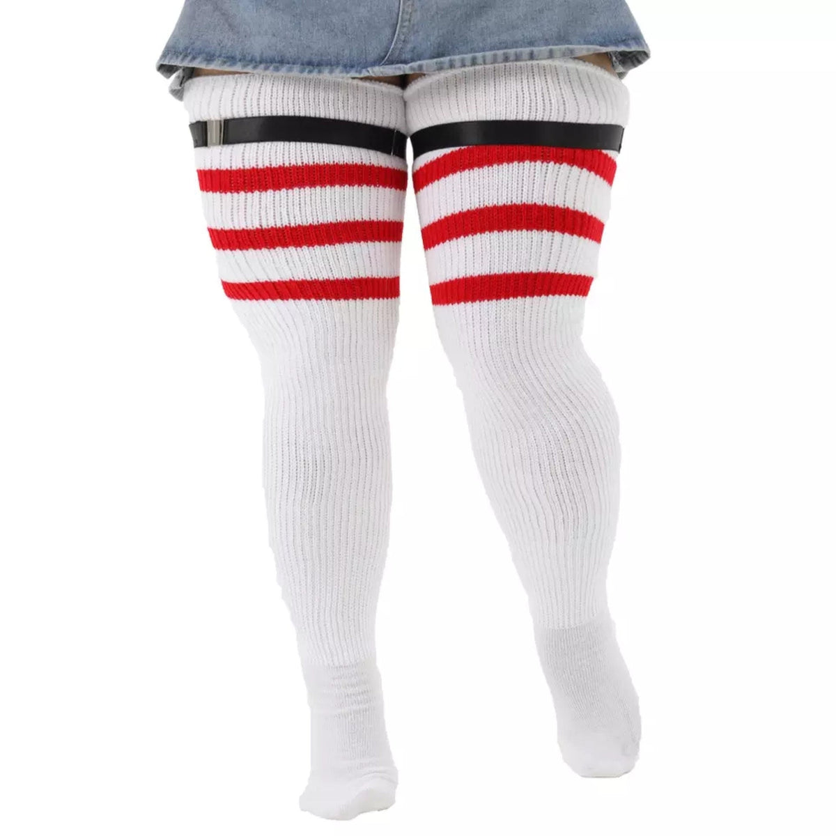 White and red stripe extra long thigh high socks, worn with sock garters