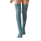 Blue fleece-lined knee high socks, front view, full length