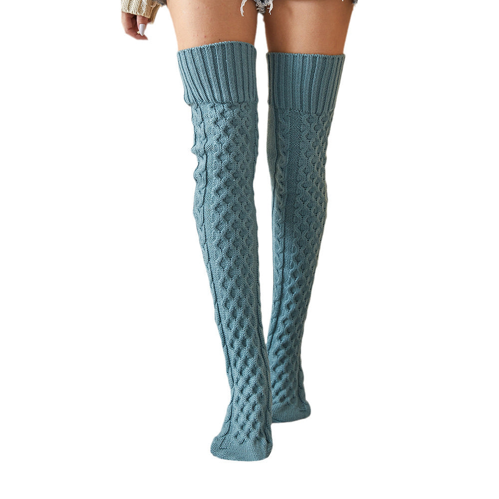 Blue fleece-lined knee high socks, front view, full length
