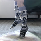 Gray and white floral jacquard knee high socks, worn, front view