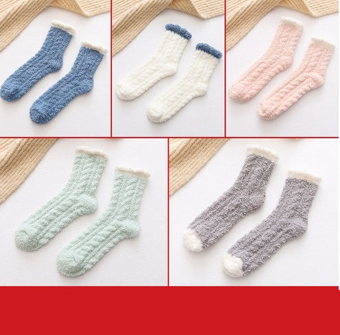 5-pair set of fuzzy thermal socks in blue, white, peach, mint and gray