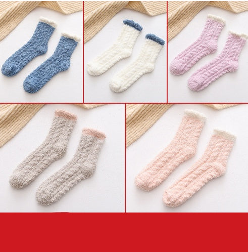 5-pair set of fuzzy thermal socks in blue, white, pink, beige and peach