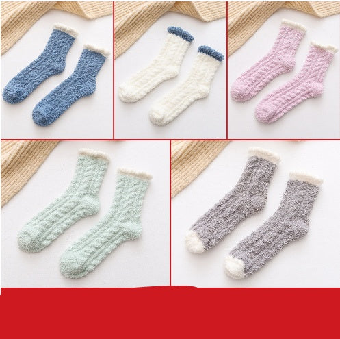 5-pair set of fuzzy thermal socks in blue, white, pink, mint and gray