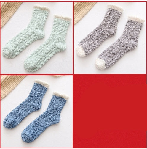 3-pair set of fuzzy thermal socks in mint, gray and blue