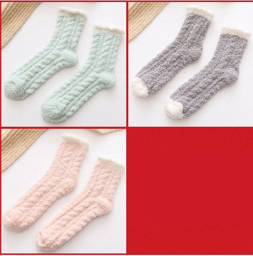 3-pair set of fuzzy thermal socks in mint, gray and peach
