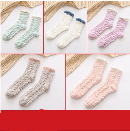5-pair set of fuzzy thermal socks in mint, white, pink, beige and peach