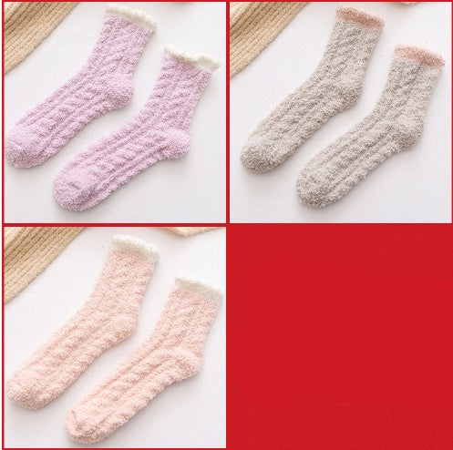 3-pair set of fuzzy thermal socks in pink, beige and peach