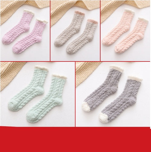 5-pair set of fuzzy thermal socks in pink, beige, peach, mint and gray