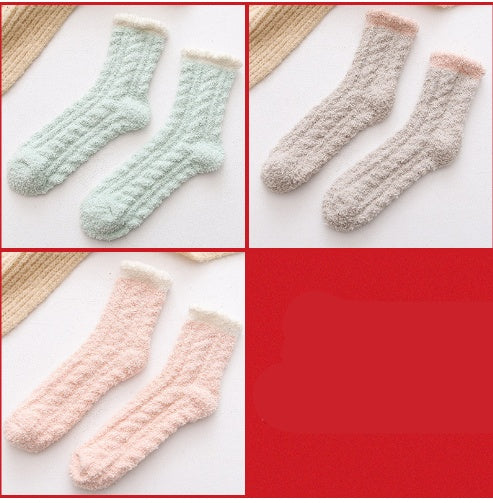 3-pair set of fuzzy thermal socks in white, beige and peach
