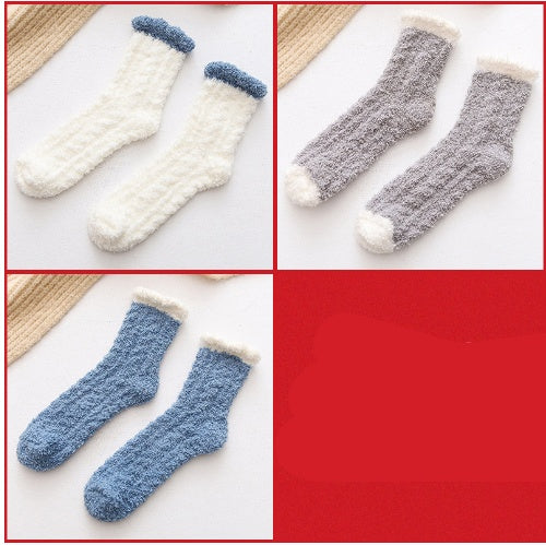 3-pair set of fuzzy thermal socks in white, gray and blue