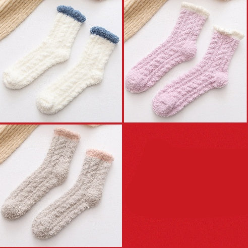 3-pair set of fuzzy thermal socks in white, pink and beige