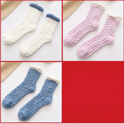 3-pair set of fuzzy thermal socks in white, pink and blue