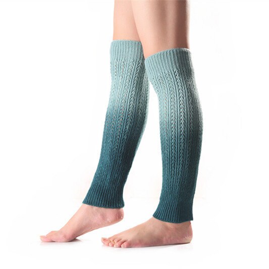 Light blue gradient knit leg warmers, ombre knit, side view