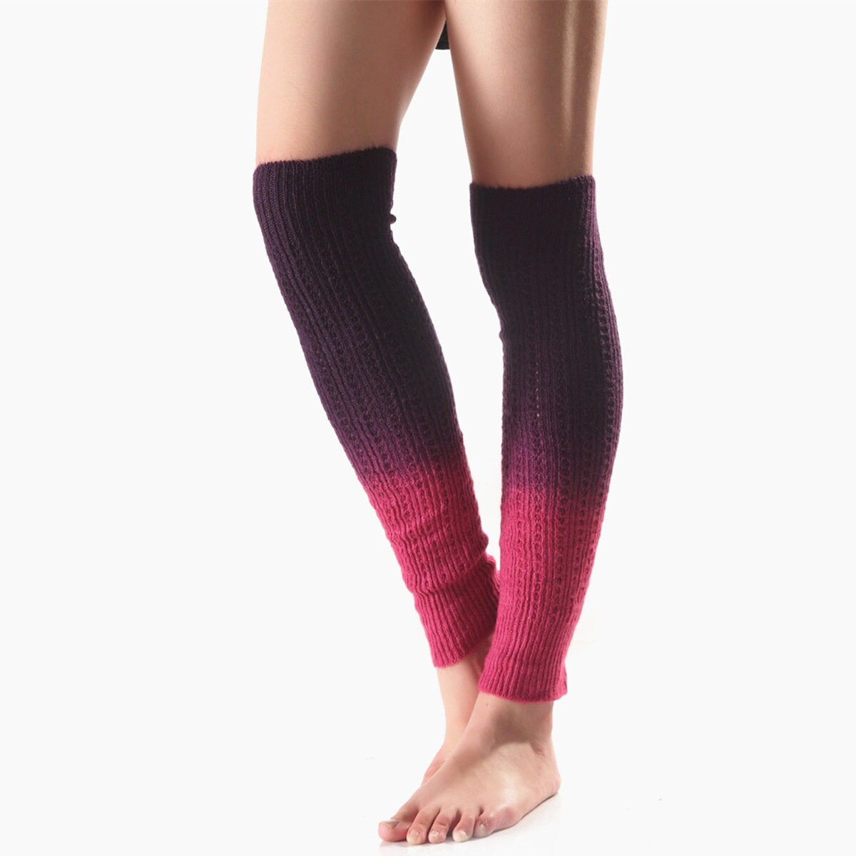 Purple gradient knit leg warmers, ombre knit, side view
