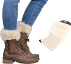 Beige faux fur knit boot cuffs, on lace-up boots, with a single cuff beside