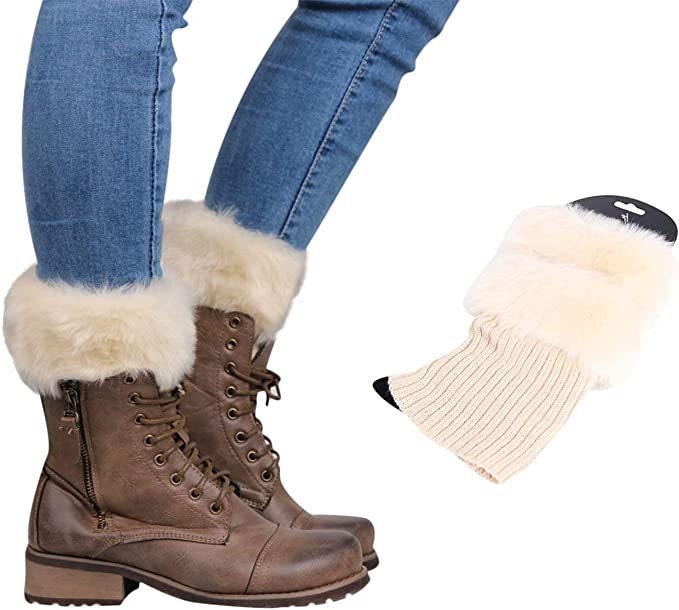 Beige faux fur knit boot cuffs, on lace-up boots, with a single cuff beside