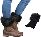 Black faux fur knit boot cuffs, on lace-up boots, with a single cuff beside