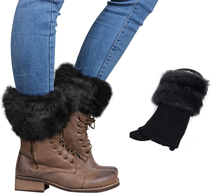 Black faux fur knit boot cuffs, on lace-up boots, with a single cuff beside
