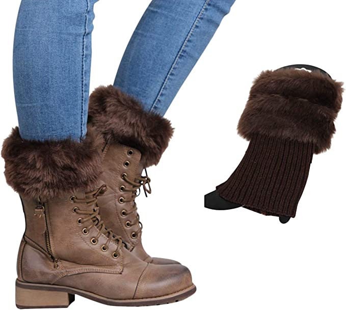 Coffee faux fur knit boot cuffs, on lace-up boots, with a single cuff beside