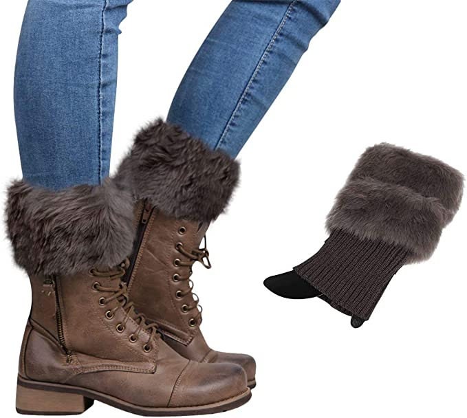 Dark gray faux fur knit boot cuffs, on lace-up boots, with a single cuff beside