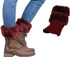 Deep red faux fur knit boot cuffs, on lace-up boots, with a single cuff beside