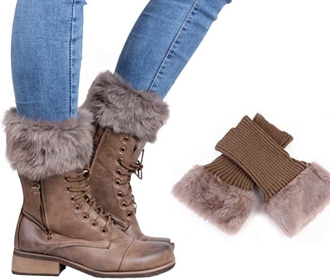 Light brown faux fur knit boot cuffs, on lace-up boots, with a single cuff beside