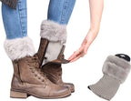 Light gray faux fur knit boot cuffs, folded over lace-up boots, with a single cuff beside
