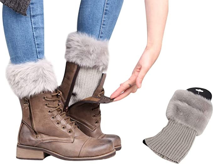 Light gray faux fur knit boot cuffs, folded over lace-up boots, with a single cuff beside