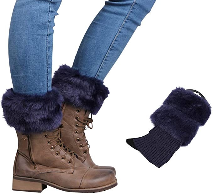 Teal faux fur knit boot cuffs, on lace-up boots, with a single cuff beside