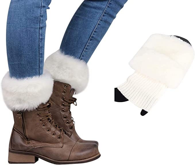 White faux fur knit boot cuffs, on lace-up boots, with a single cuff beside