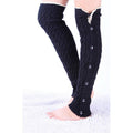 Black lace trim button leg warmers, worn standing, full length