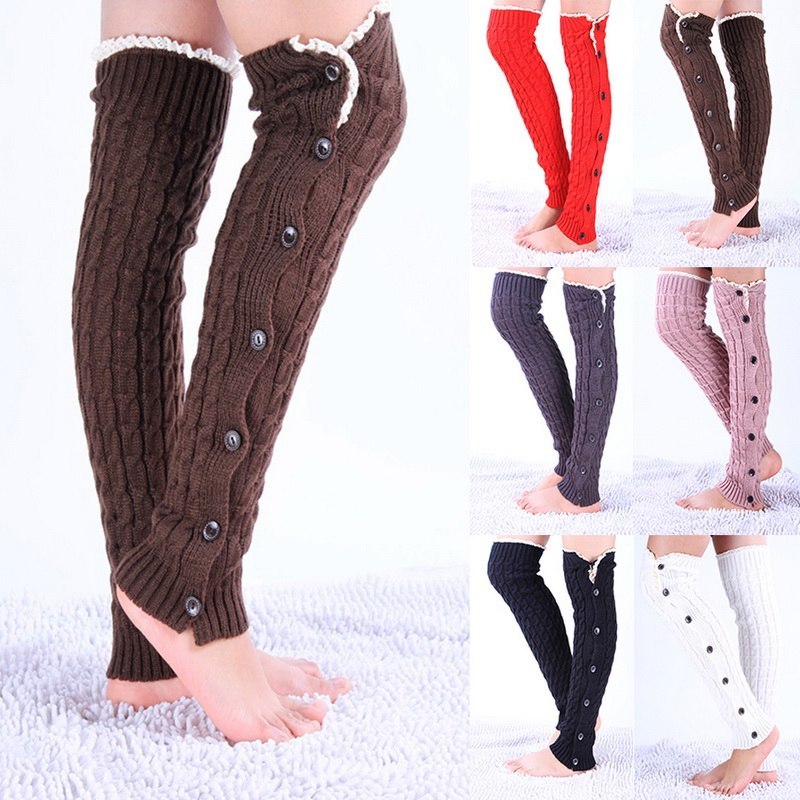Coffee lace trim button leg warmers, worn, with a collage of other colours