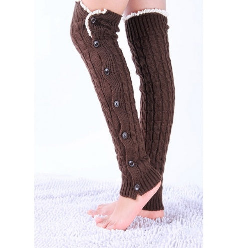 Coffee lace trim button leg warmers, worn standing, side view